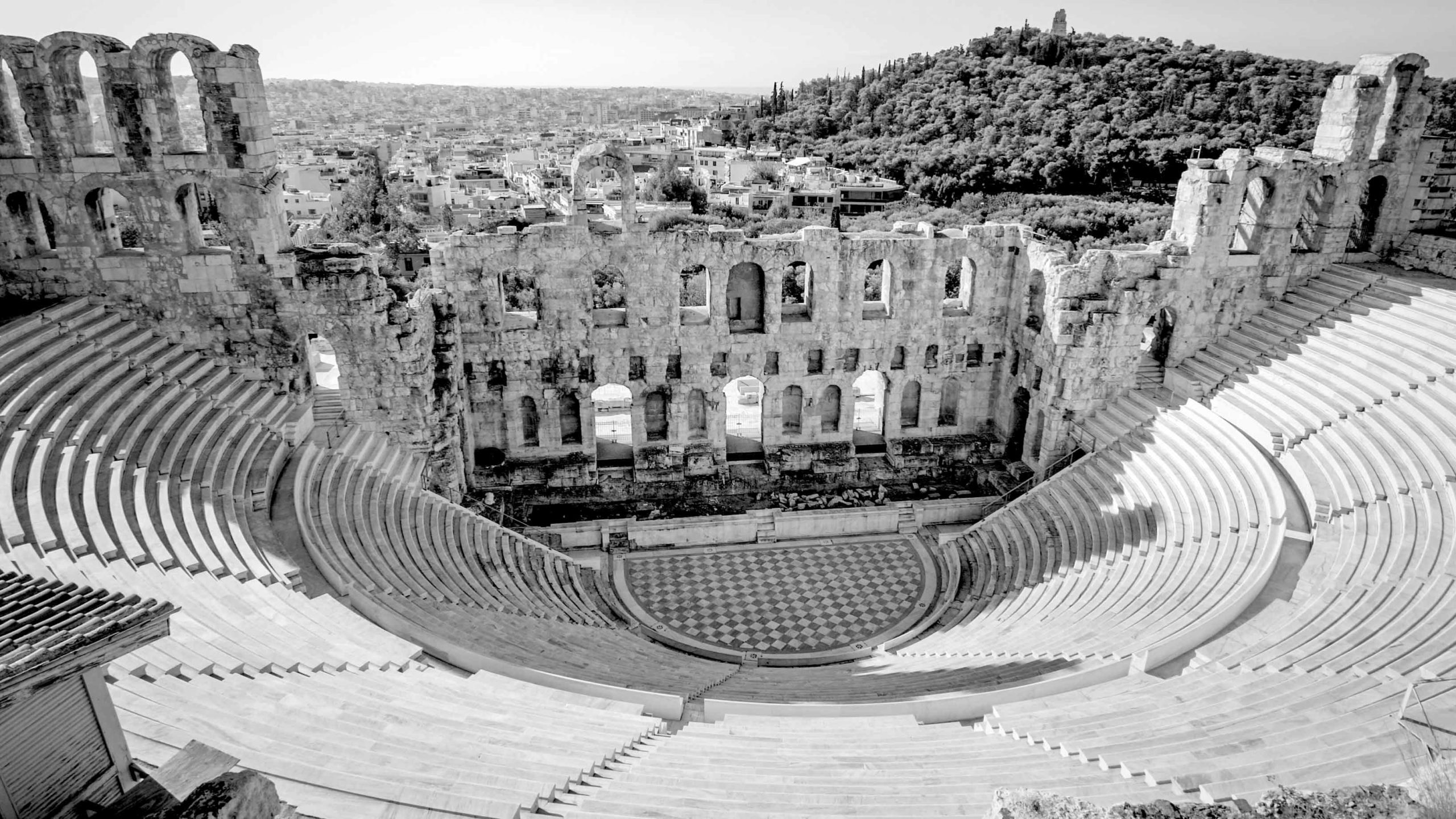 Ancient ruins of the Dionysus Greek theater below the Acropolis in Athens, Greece.